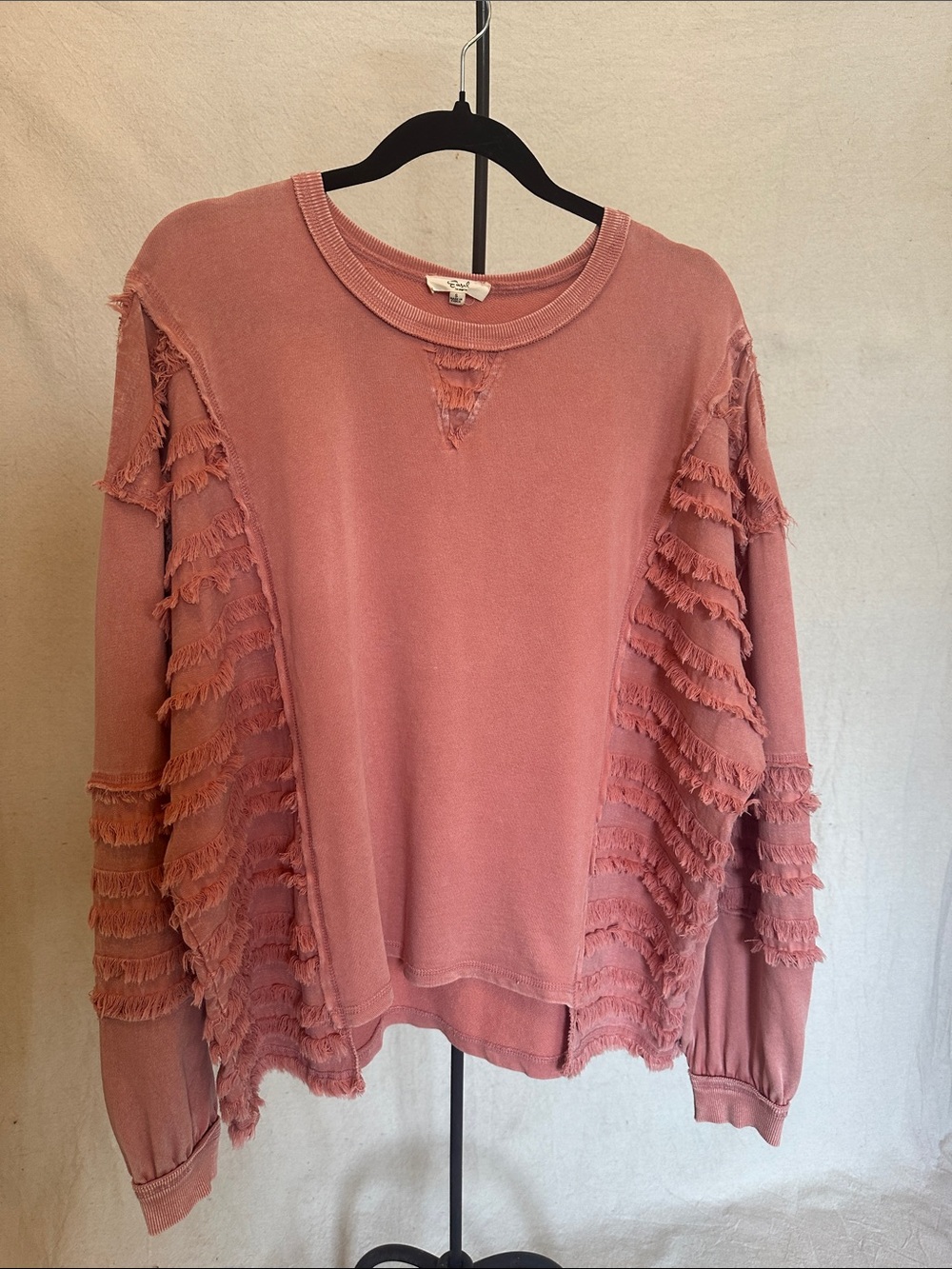 Easel Dusty Rose Distressed Fringe Oversized Sweatshirt Boho Small